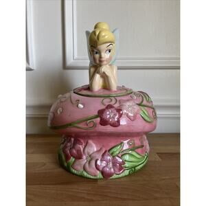 DISNEY TINKERBELL ON A MAGIC MUSHROOM WITH JEWELS & FLOWERS COOKIE JAR